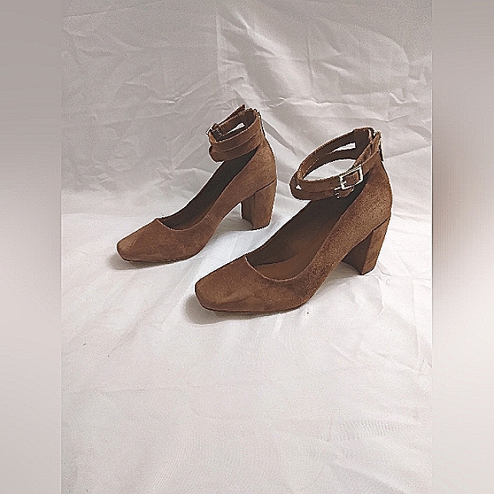 Halston Brown Suede Block Heel Buckle Ankle Strap Zip 7 Medium